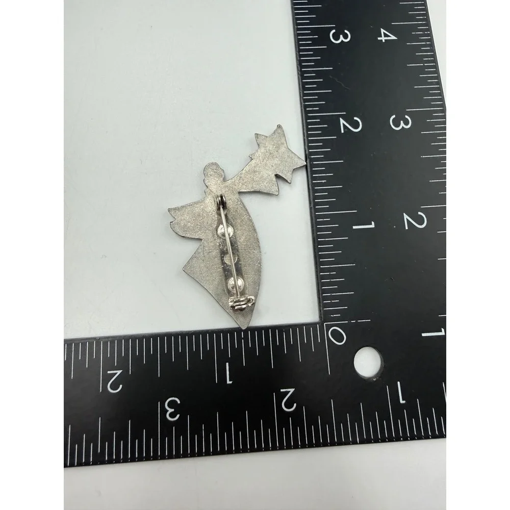 Vintage Angel Holding‎ Star Brooch Matte Silver Tone Pewter Style Celestial Pin